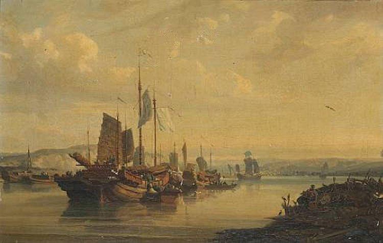 Auguste Borget A View of Junks on the Pearl River Sweden oil painting art